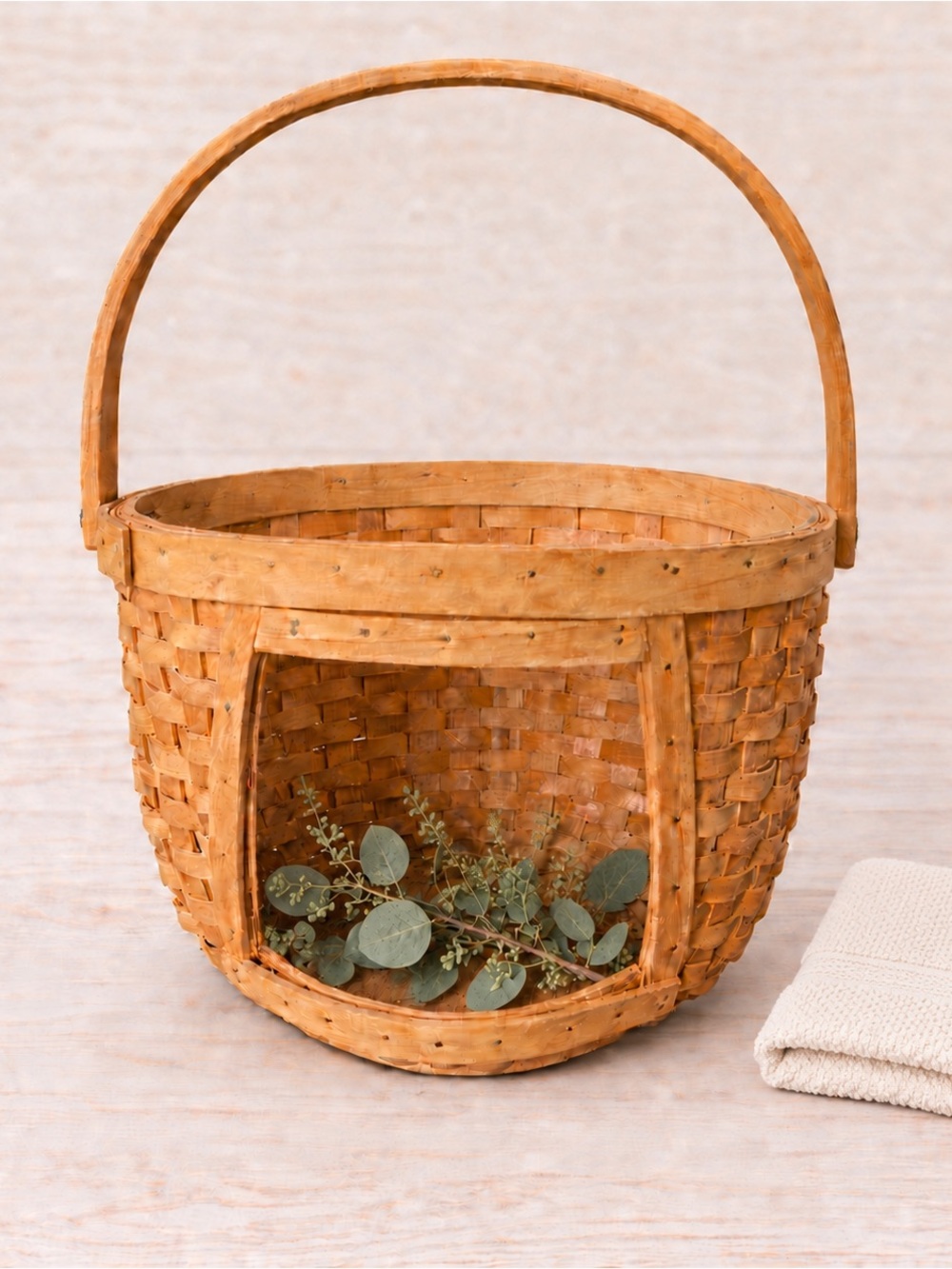 Woven Wooden Basket Open Face Swing Handle Round Natural Wood Rustic Rare Vtg